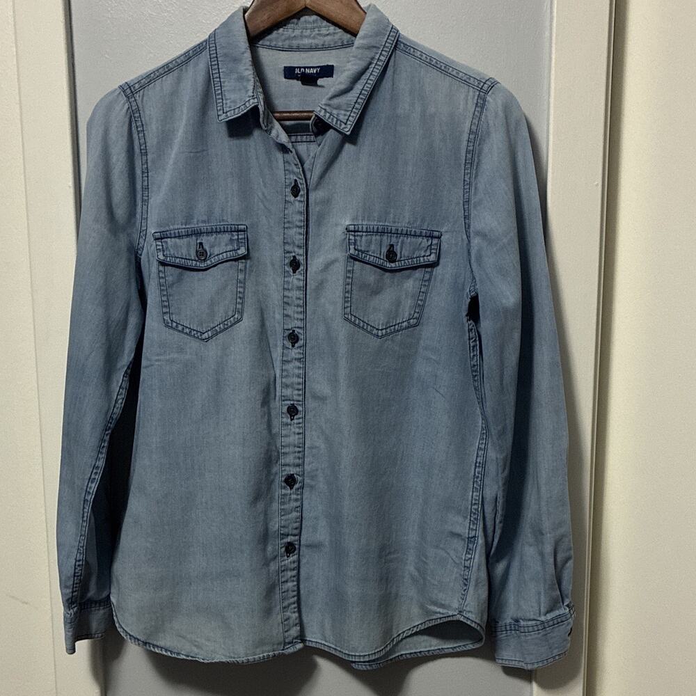 Old Navy Light Wash Denim Chambray Shirt Western Utility 2 Pocket Soft M Cotton